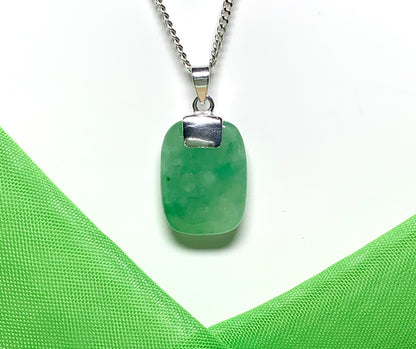 Green real jade necklace cushion shaped stone sterling silver pendant