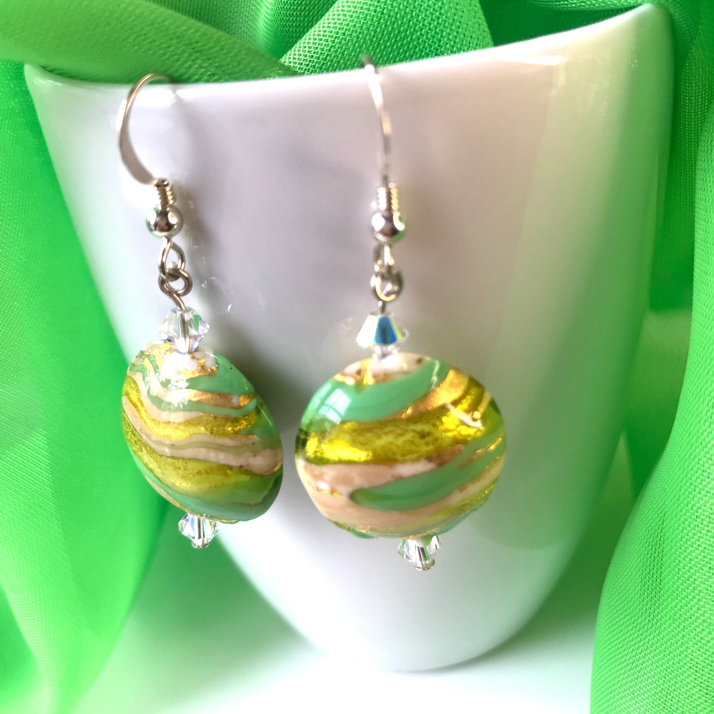 Green and yellow round real Murano glass drop earrings