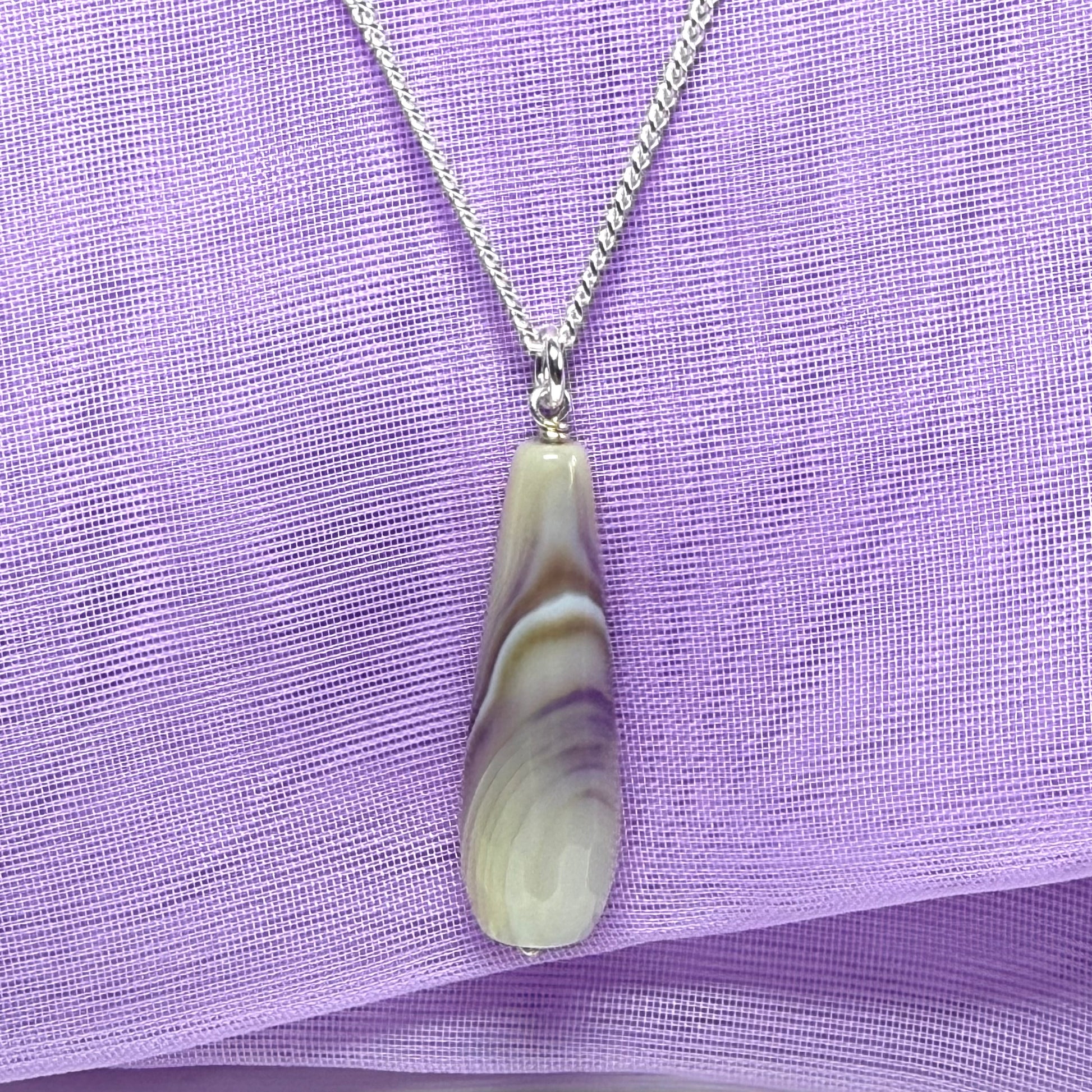 Grey purple agate tear drop necklace sterling silver pendant