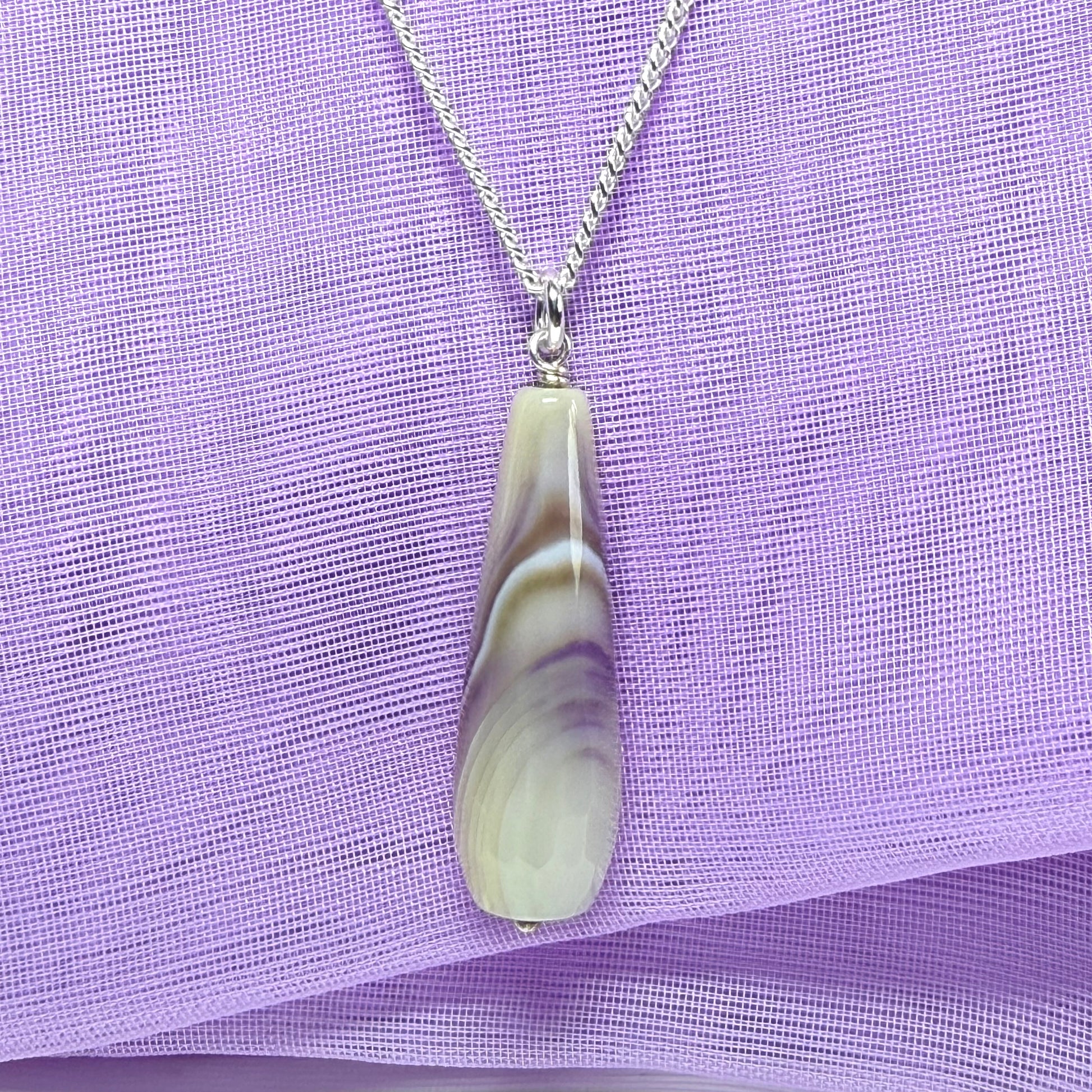Grey purple agate tear drop necklace sterling silver pendant
