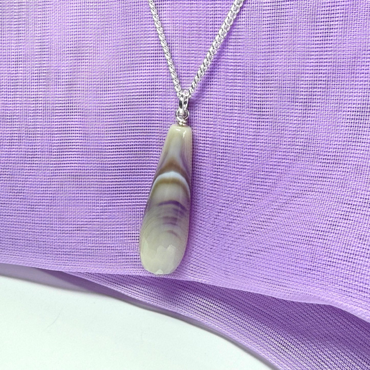 Grey purple agate tear drop necklace sterling silver pendant