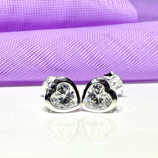 Heart shaped sparkling cubic zirconia sterling silver stud earrings