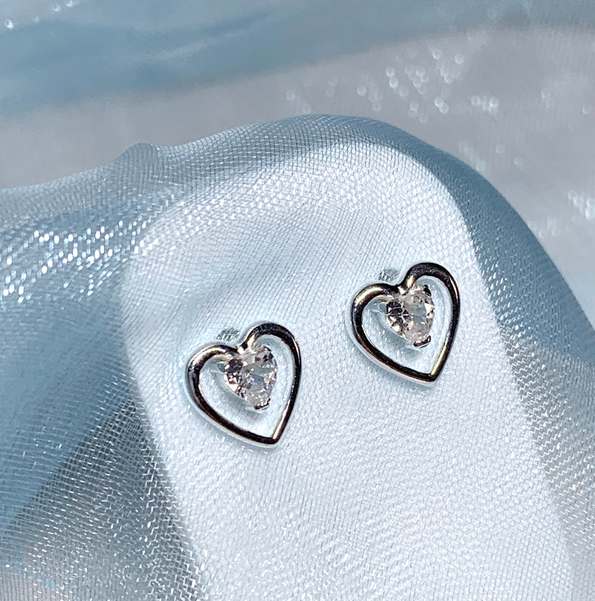 Heart shaped stud earrings cubic zirconia sterling silver