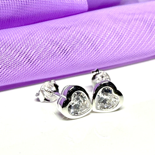 Heart shaped sparkling cubic zirconia sterling silver stud earrings