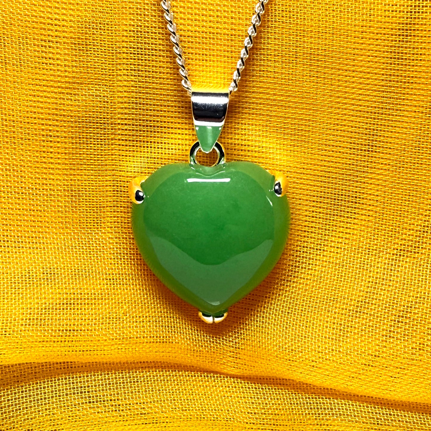 Pendant heart shape sterling silver real green jade stone necklace with a chain included as well