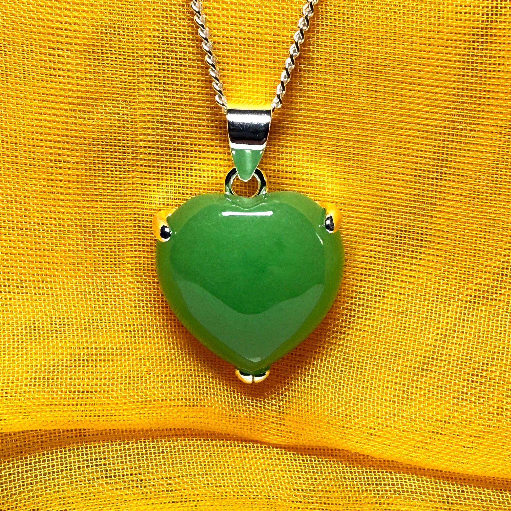 Pendant heart shape sterling silver real green jade stone necklace with a chain included as well