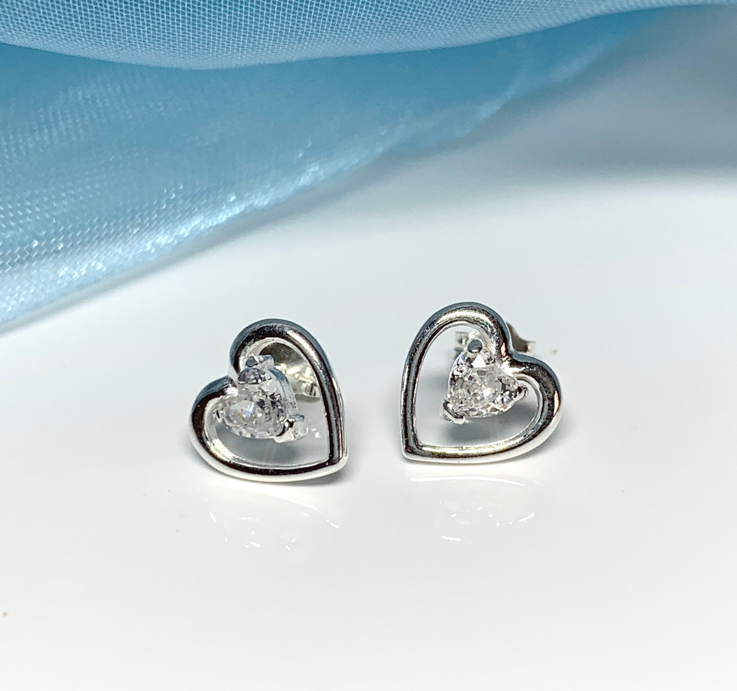 Heart shaped stud earrings cubic zirconia sterling silver