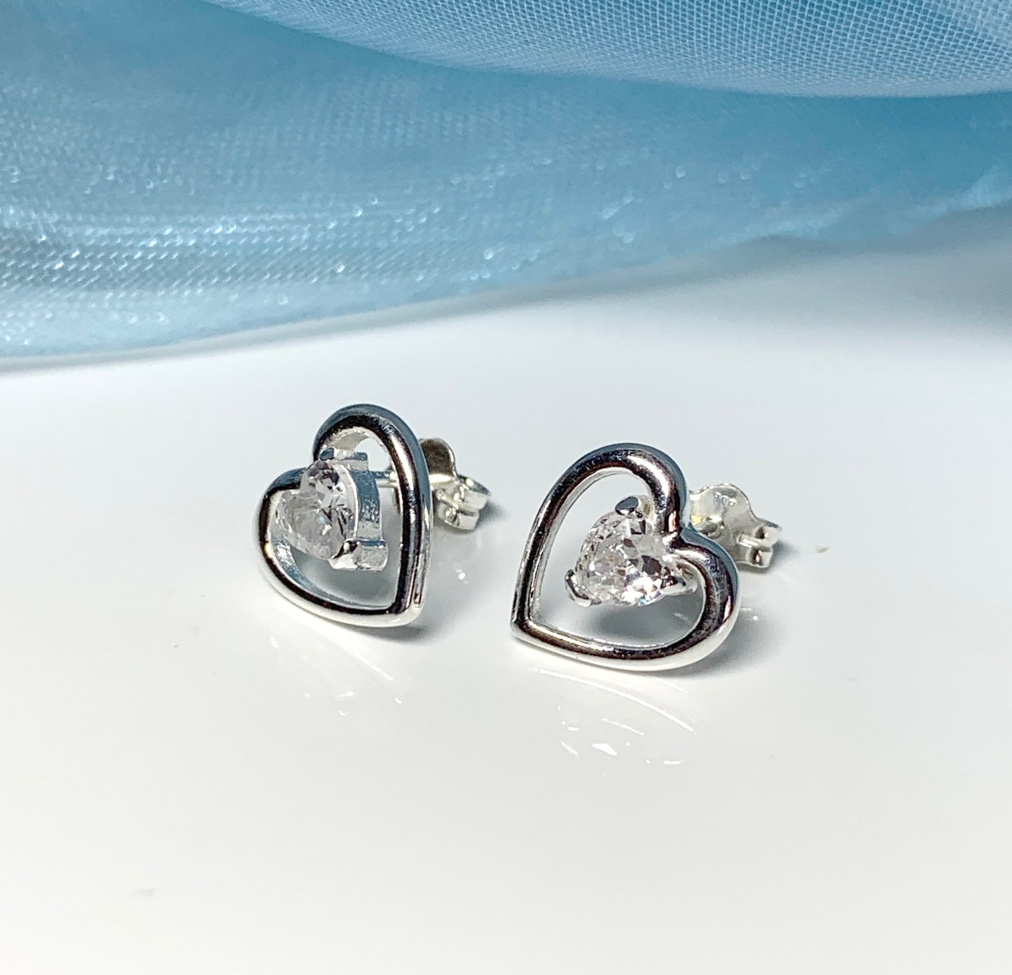 Heart shaped stud earrings cubic zirconia sterling silver