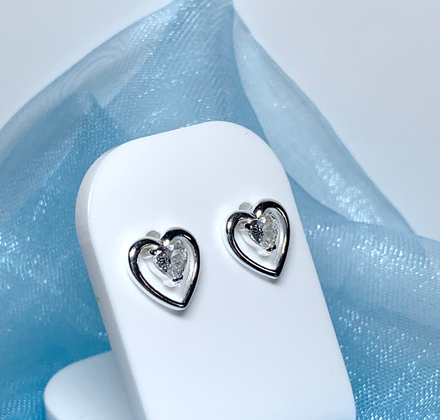 Heart shaped stud earrings cubic zirconia sterling silver