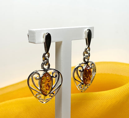 Heart shaped real amber drop earrings made in sterling silver