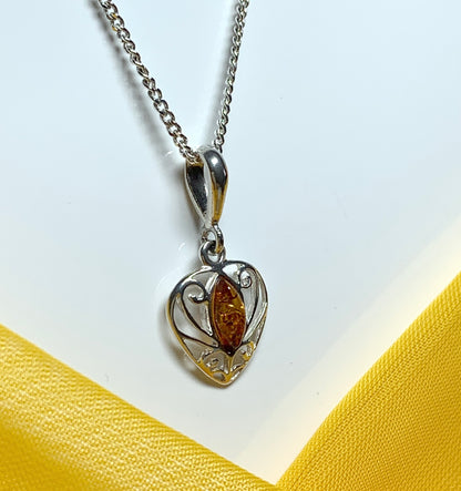 Real amber sterling silver heart shaped necklace