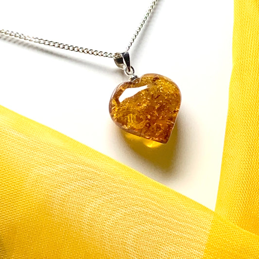 Heart shaped real amber pendant sterling silver necklace