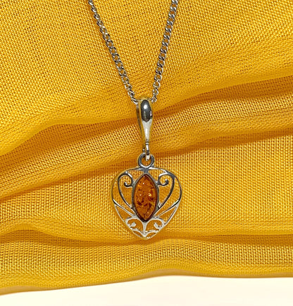 Heart shaped real amber necklace sterling silver pendant