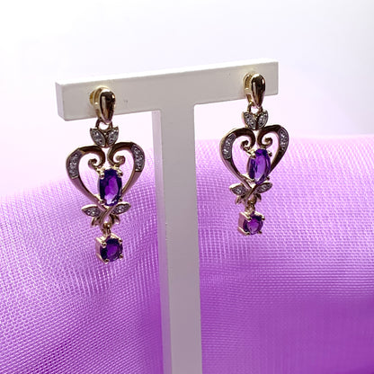 Heart shaped yellow gold and amethyst earrings