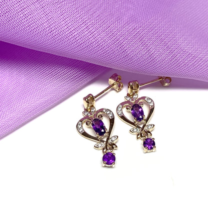 Heart shaped yellow gold and amethyst earrings