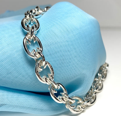 Heavy solid sterling silver ladies bracelet open fancy link oval