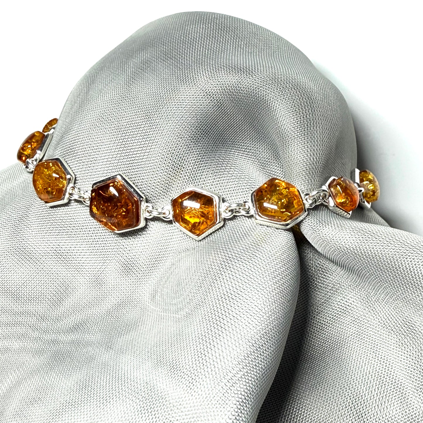 Hexagonal shaped real amber bracelet sterling silver