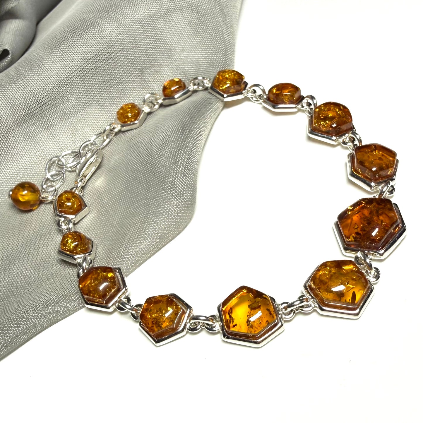 Hexagonal shaped real amber bracelet sterling silver
