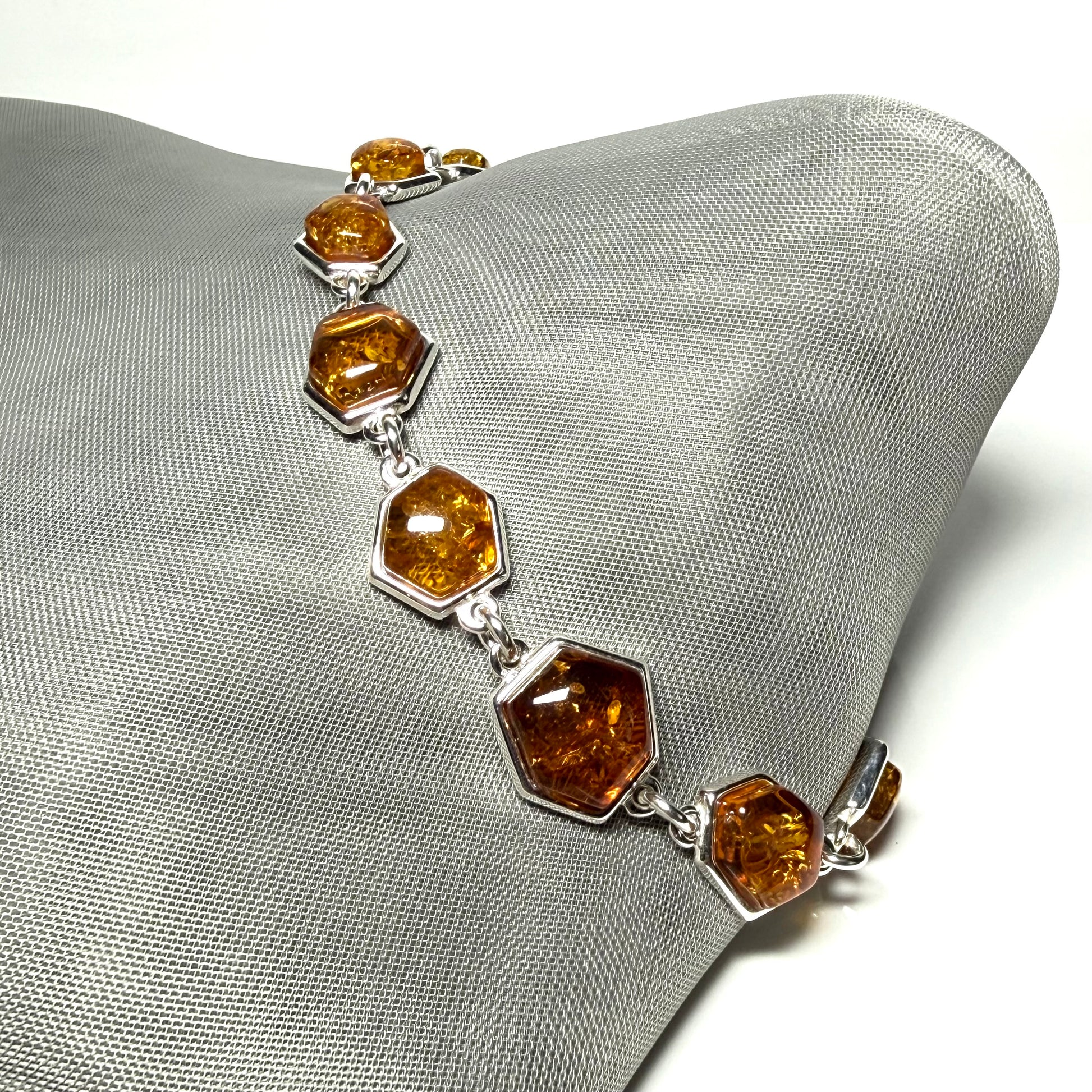 Hexagonal shaped real amber bracelet sterling silver