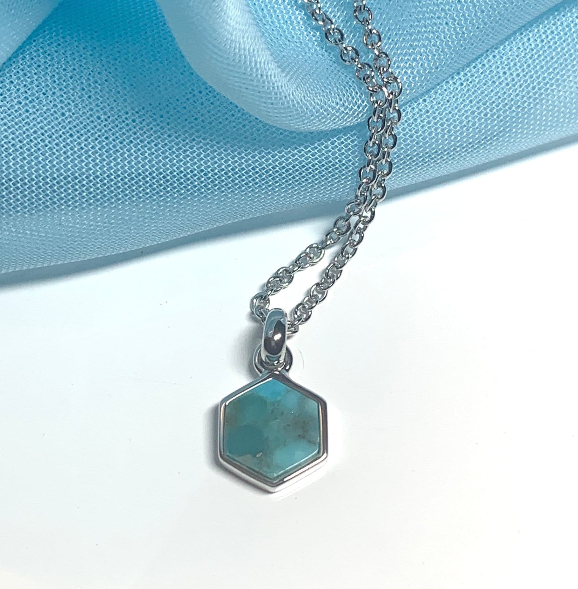 Turquoise blue green hexagonal necklace sterling silver