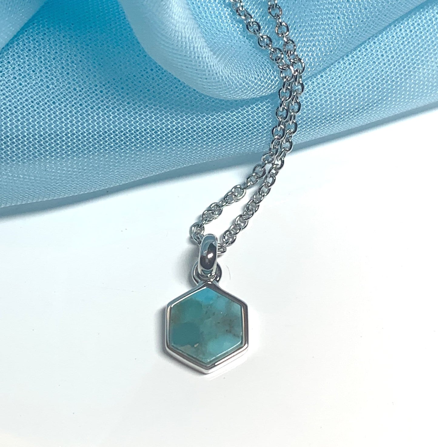 Turquoise blue green hexagonal necklace sterling silverTurquoise blue green hexagonal necklace sterling silver