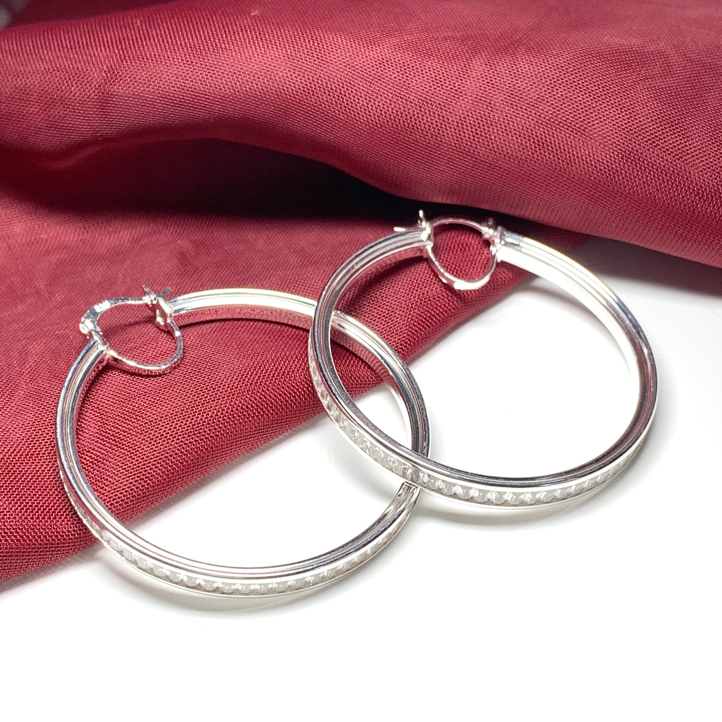 Hoop sterling silver large round stone set earrings 44 mm