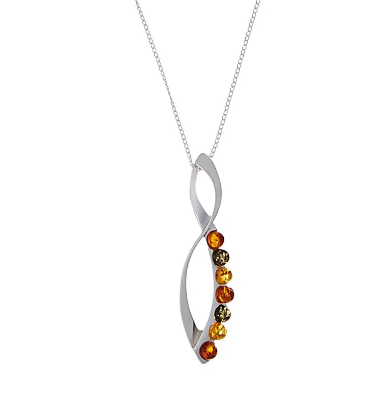 Multi colour amber figure of eight drop sterling silver necklace