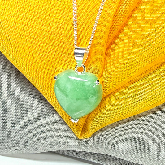 Necklace heart shape sterling silver real green jade stone pendant