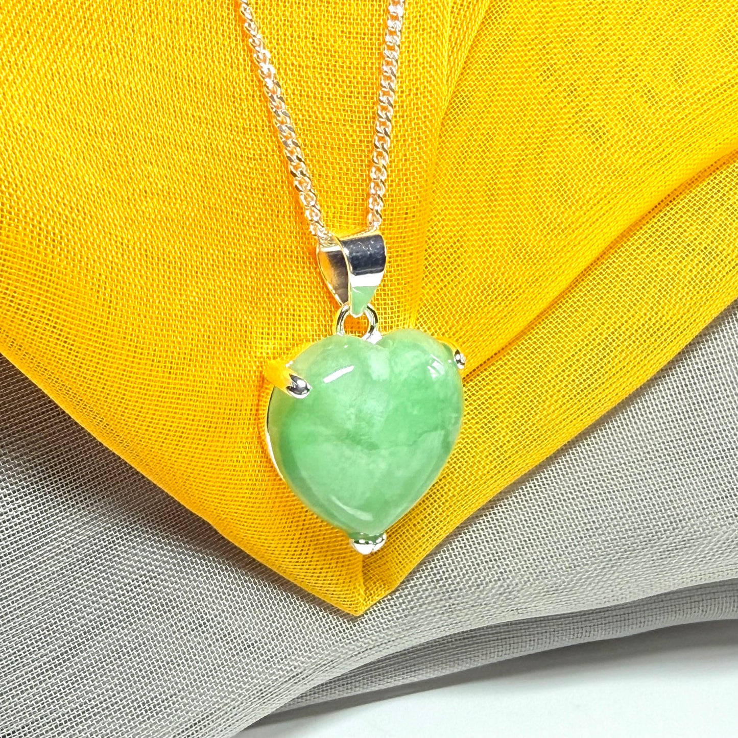 Necklace heart shape sterling silver real green jade stone pendant