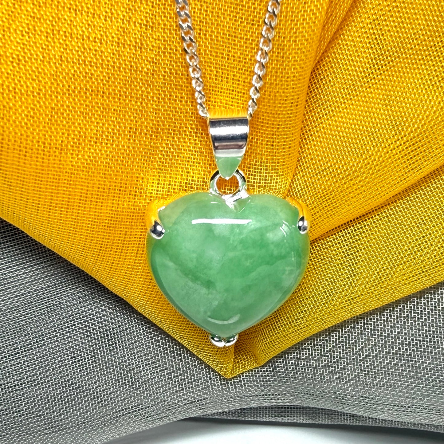 Necklace heart shape sterling silver real green jade stone pendant