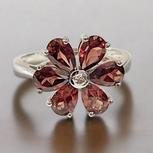 Garnet And Diamond Round Sterling Silver Red Brown Daisy Petal Cluster Ring