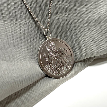 Very large solid men’s round sterling silver double sided St. Christopher and chain