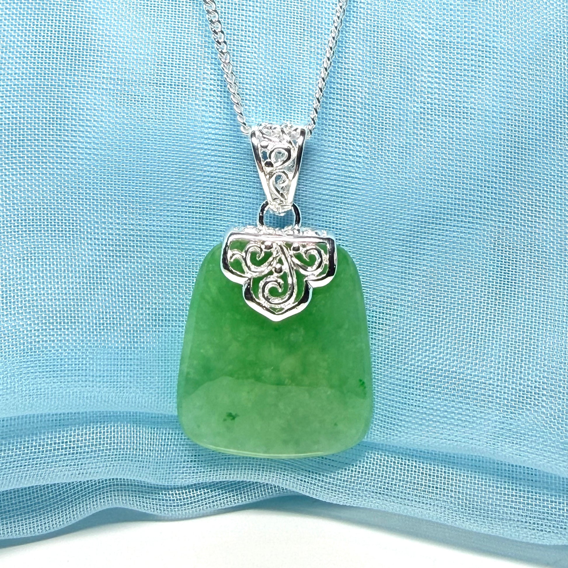 Real green jade necklace sterling silver large cushion shaped including curb linked type chain