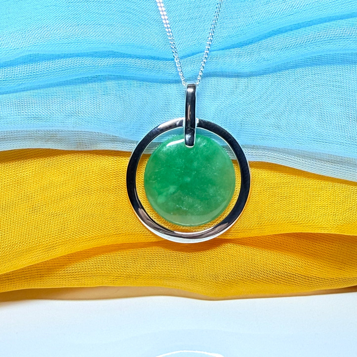 Large round necklace sterling silver green real jade halo style circle pendant