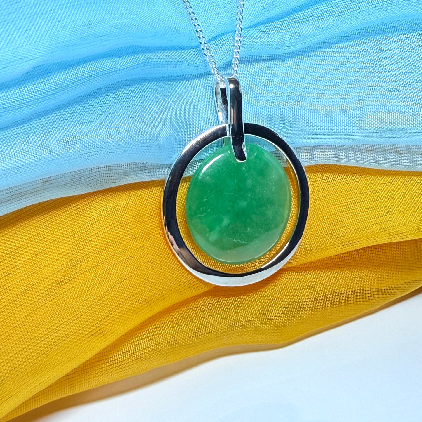 Large round necklace sterling silver green real jade halo style circle pendant