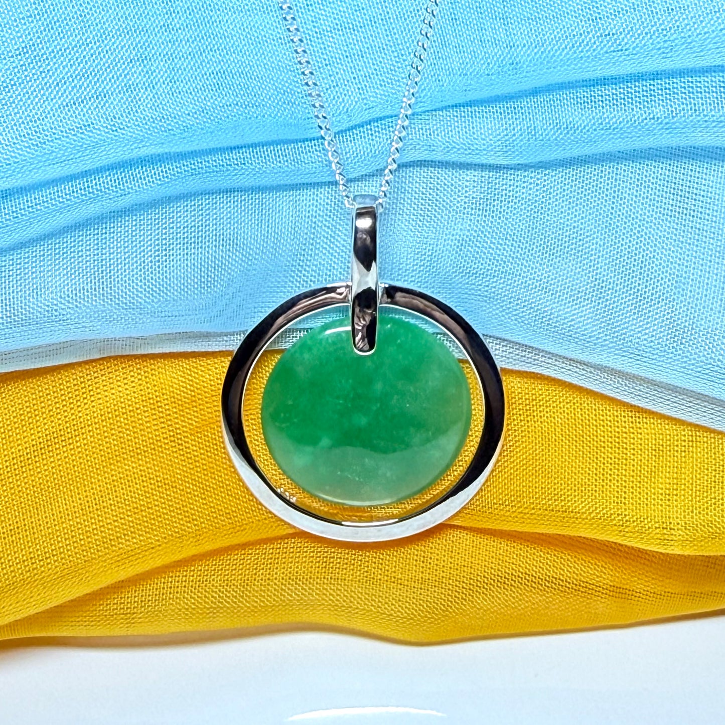 Large round necklace sterling silver green real jade halo style circle pendant