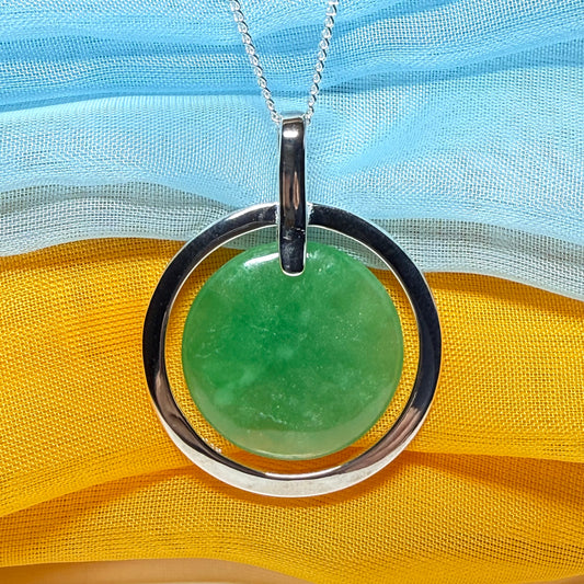 Large round necklace sterling silver green real jade halo style circle pendant