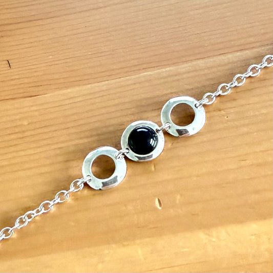 Sterling silver black real jet round triple circle bracelet