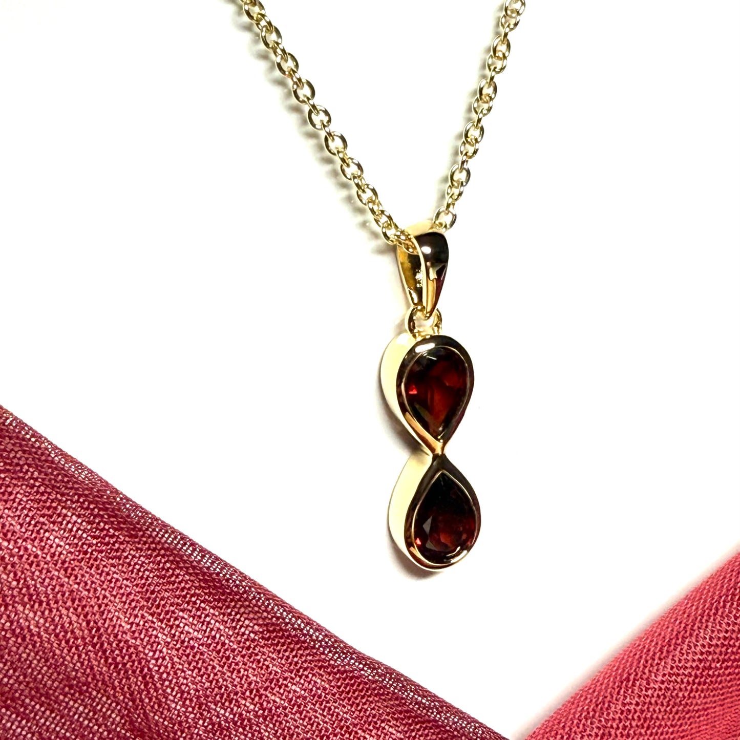 Double real pear cut red garnet dropped necklace sterling silver gilt gold plated pendant