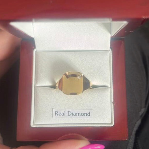 Square cushion shaped yellow gold mens diamond set signet ring