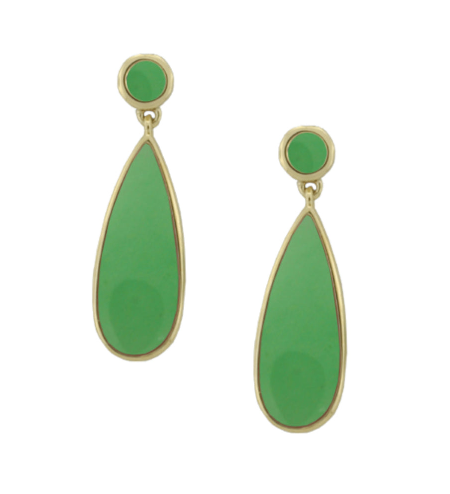 Real jade earrings drop double round and teardrop yellow gold