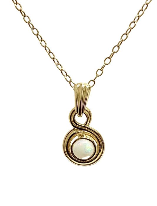 Yellow gold round real opal necklace double circle