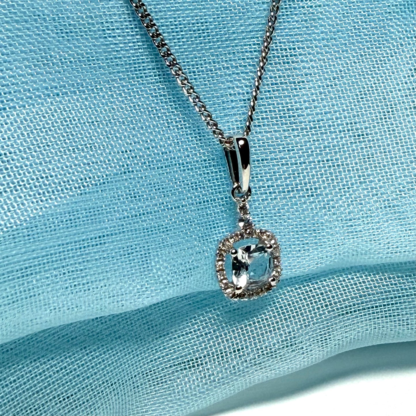 Real aquamarine necklace and diamond square white gold pendant