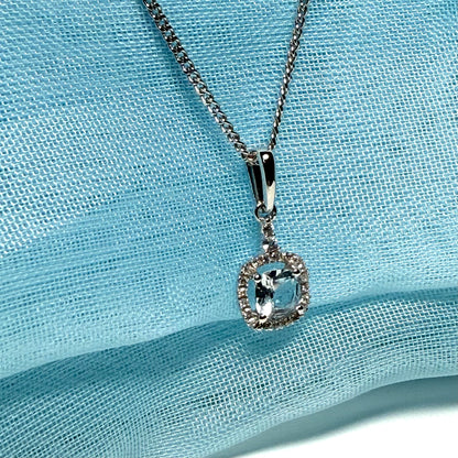 Real aquamarine necklace and diamond square white gold pendant