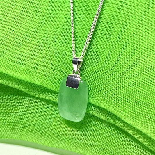 Real green jade necklace cushion shape stone sterling silver, a traditional designed pendant
