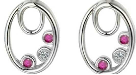 Real red ruby sterling silver oval stud earrings with cubic zirconia