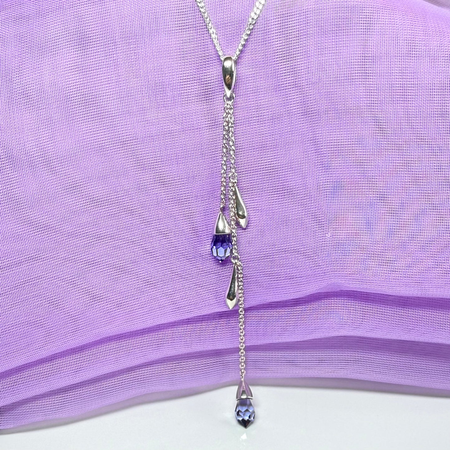 Sterling silver ladies necklace purple double real crystal long drop designed pendant design