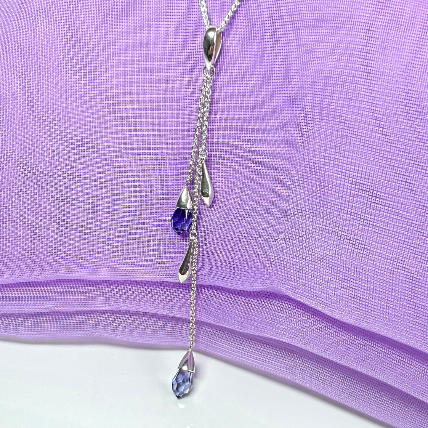 Sterling silver ladies necklace purple double real crystal long drop designed pendant design