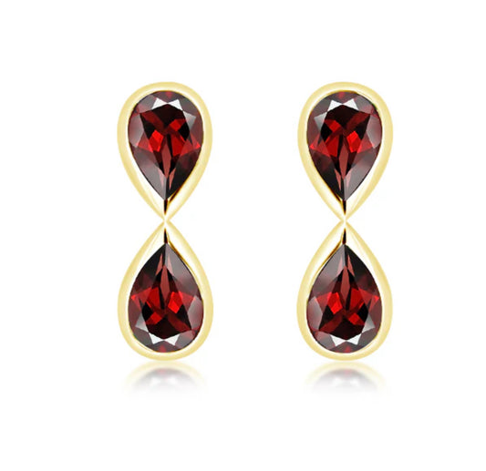 Double real pear cut red garnet stud dropped earrings sterling silver gilt gold plated