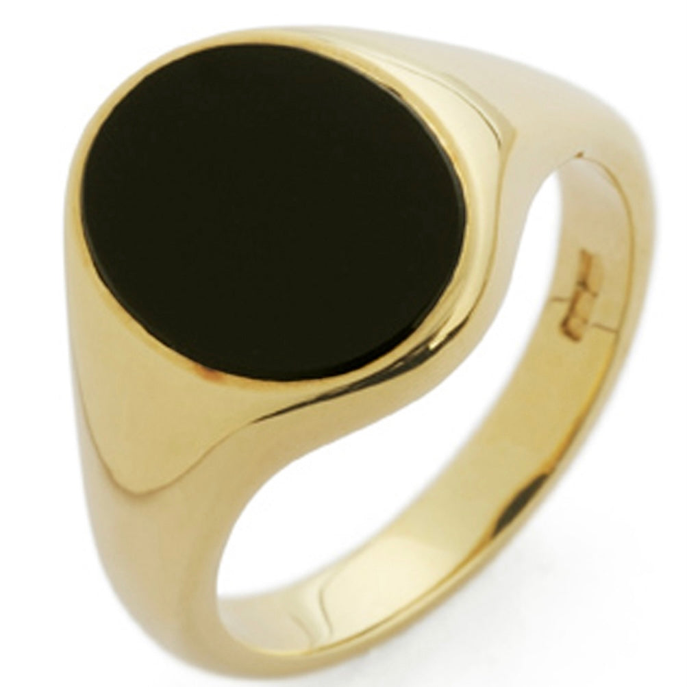 Men’s oval signet ring solid heavy yellow gold real black onyx